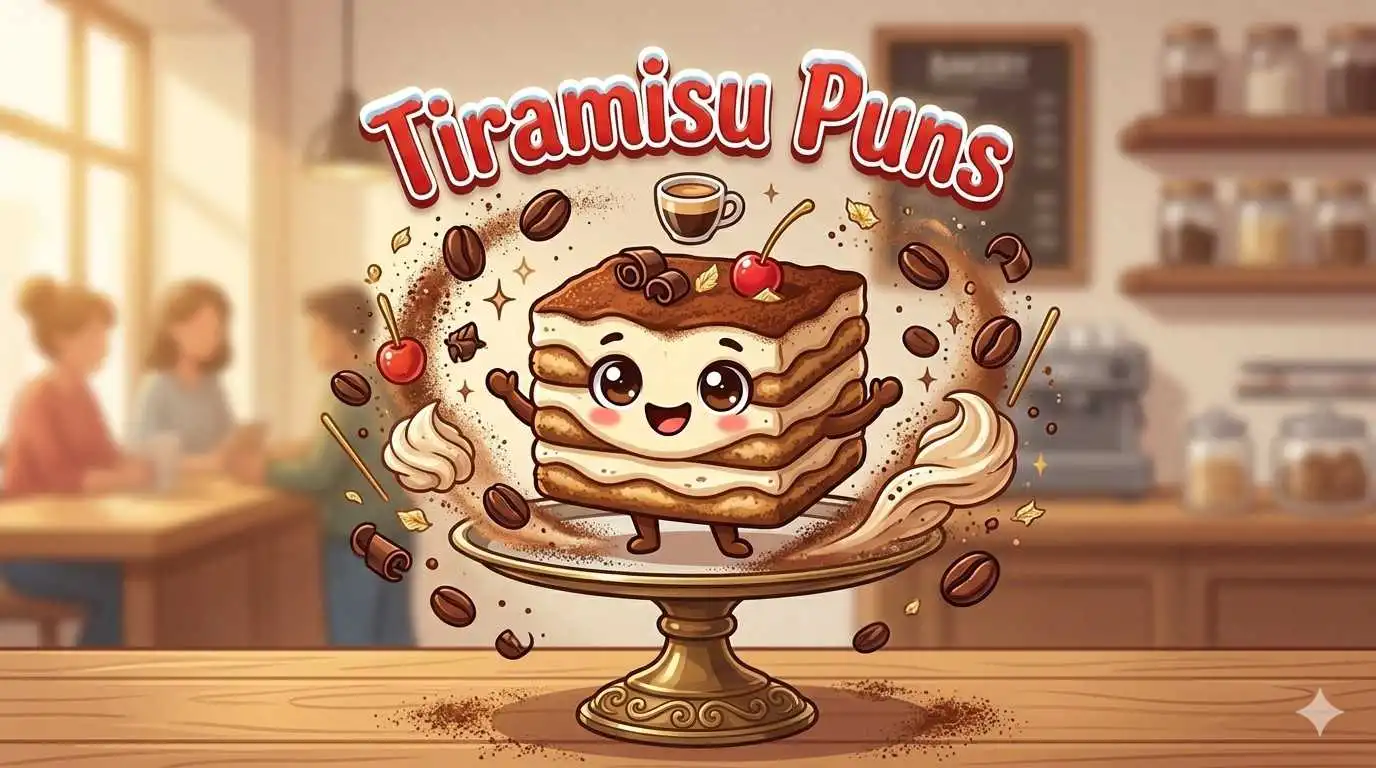 Funny tiramisu dessert character smiling.