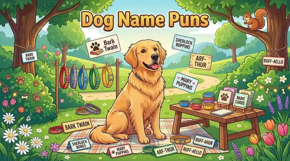 Cute dog surrounded by name ideas