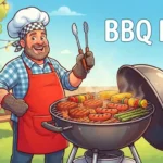Happy chef grilling burgers