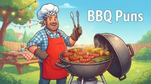 Happy chef grilling burgers