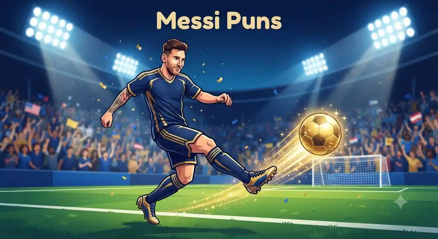 Cartoon Messi kicking glowing football goal