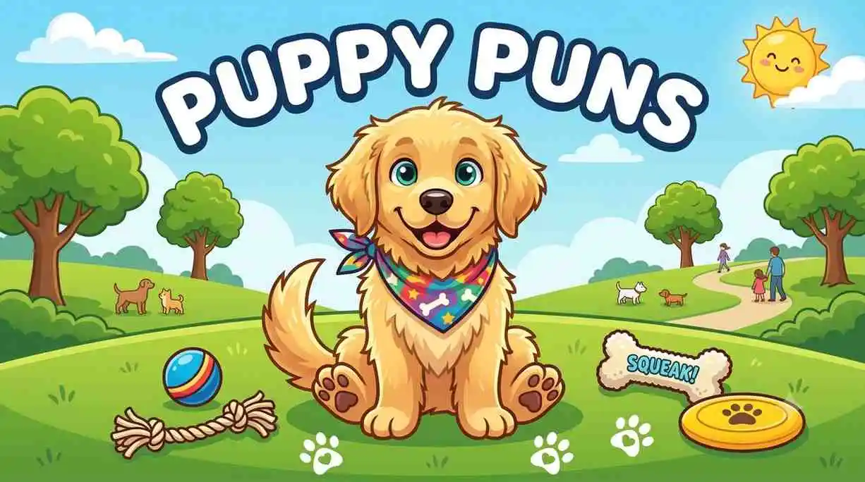 Cute puppy surrounded by playful puns