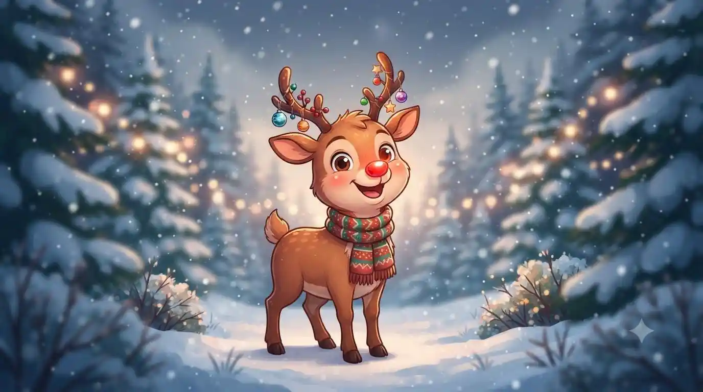 Cute reindeer in snowy forest
