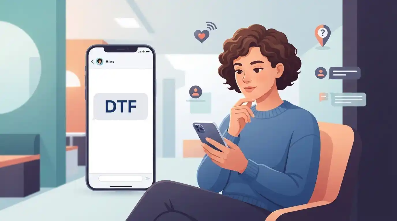 Adult texting on a smartphone while encountering the DTF slang abbreviation