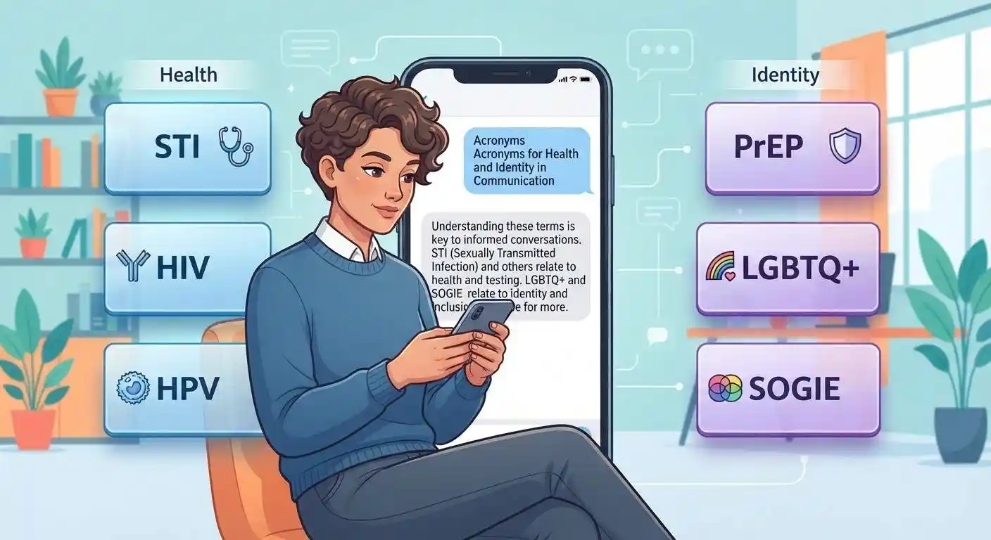 Adult reviewing common sexual health and identity acronyms on a smartphone.